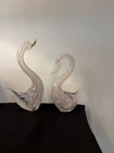 Pair of Murano Style Hand Blown Glass Smokey Amethyst Tint Swans 7.5 & 9.5 “