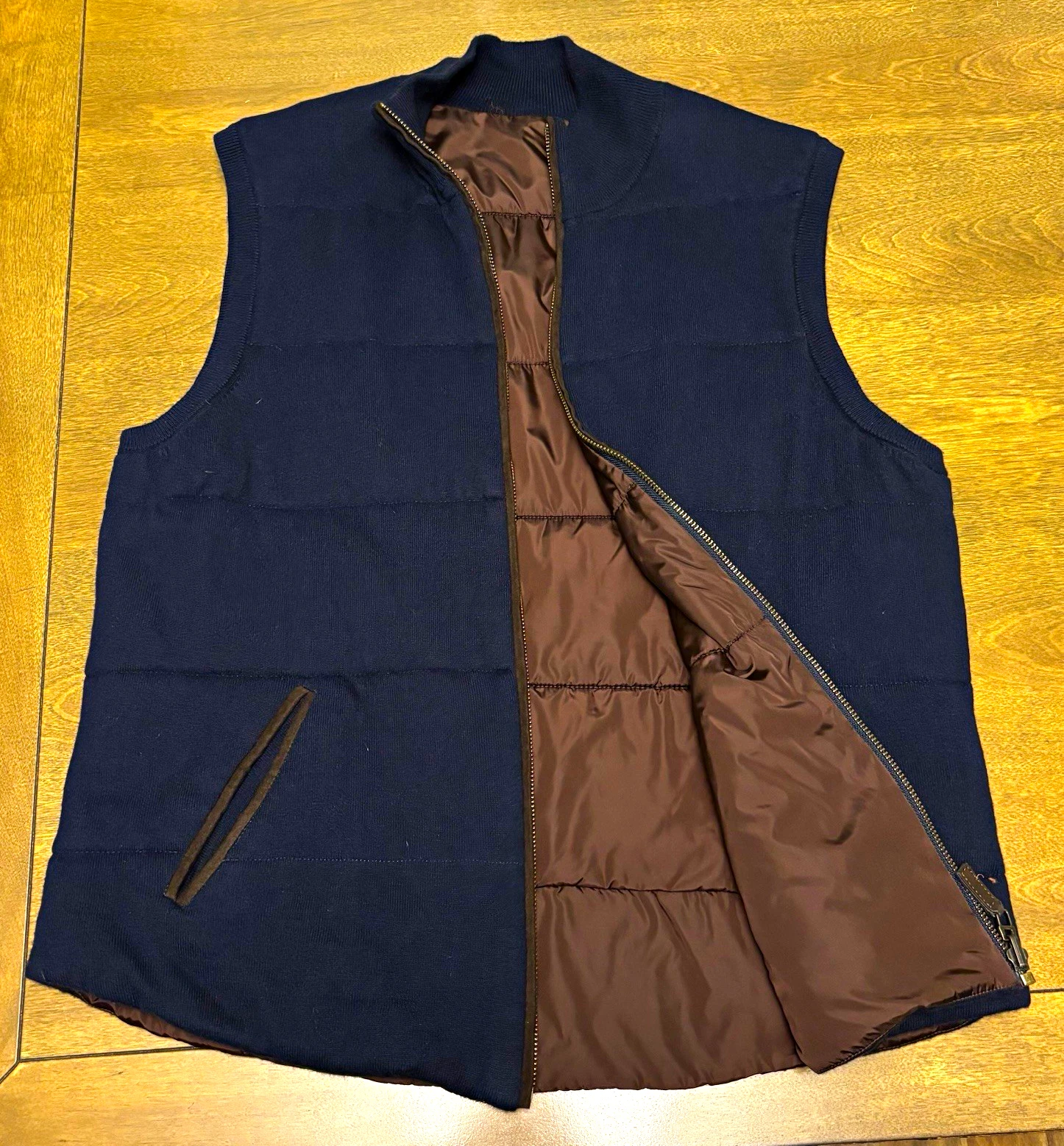 Johnston & Murphy Reversible Puffer Vest Pockets Navy/Brown Men's L Slim - product detail image 1