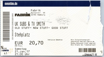 UK Subs + TV Smith Ticket 2017 Tour - Hamburg Fabrik - Konzert Karte