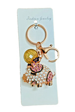 PIG CHARM -KEY CHAIN GOLD PLATED with WHITE PINK RHINESTONE