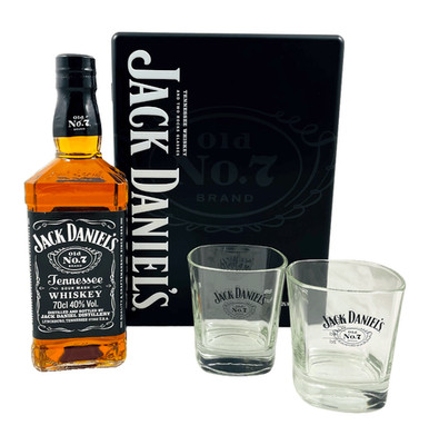 (48,84 /l) Jack Daniels Metallbox + 2 Gläser Tennessee Whiskey 40% 0,7l Flasche