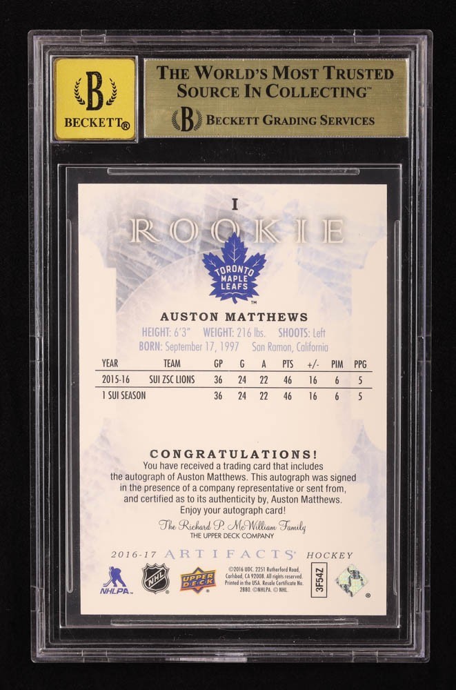 Auston Matthews 2016-17 Artifacts Auto Redemptions #I 77/135 RC BGS 9.5/10 view 2