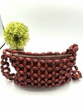 Vintage Made in Japan Wood Bead Purse Clutch Handbag Red Brown 8x5 50s 60s