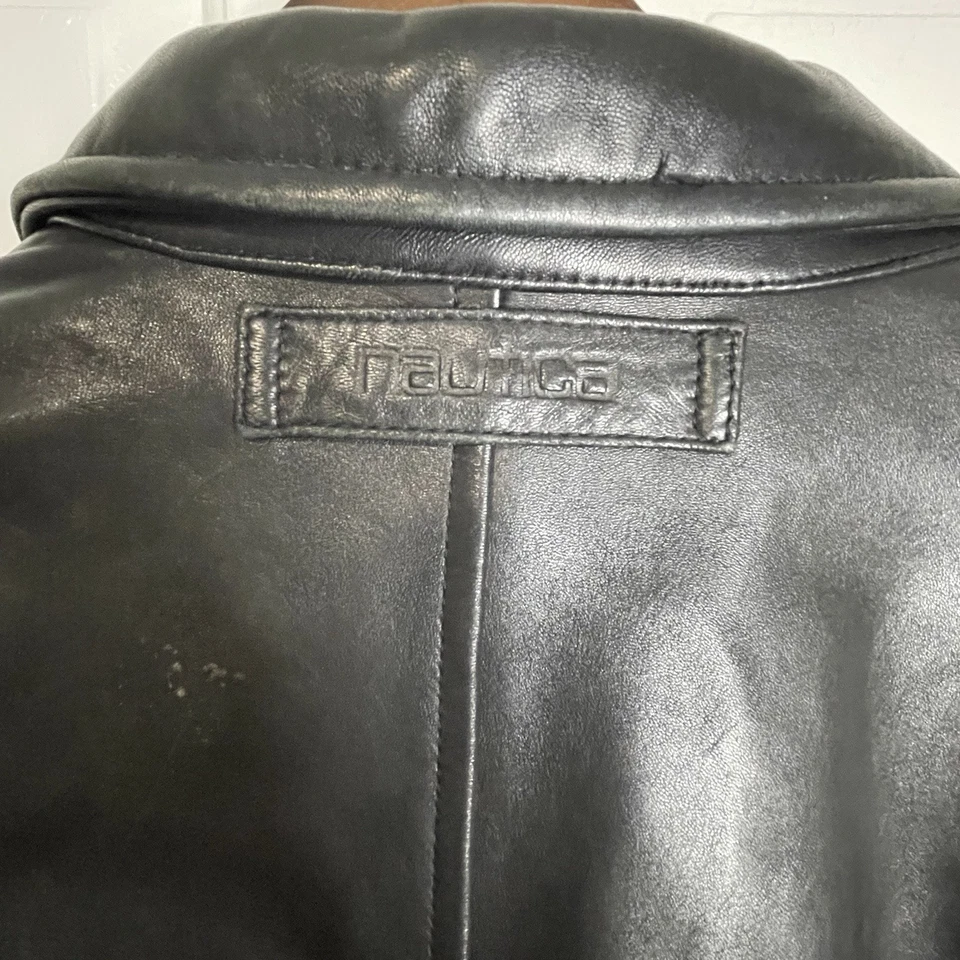 Jaqueta de couro vintage Nautica masculina 46 acolchoada bombardeiro preta acolchoada anos 90 - Imagem 3 de 4