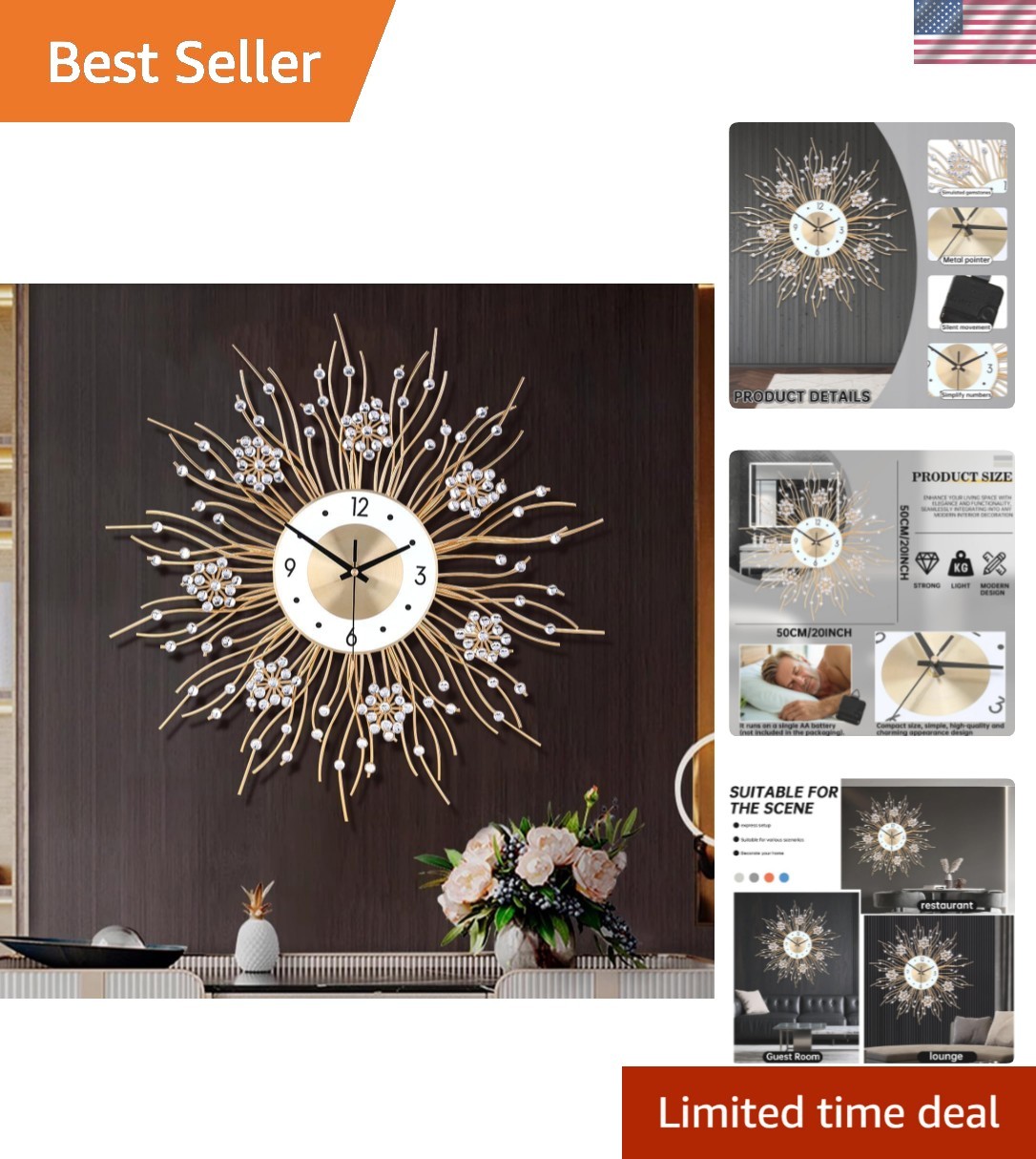 Large 20-Inch Decorative Wall Clock with Silent Movement - Sunflower Design