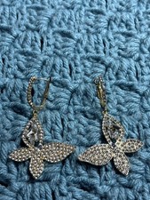 Clear Rhinestone Pave Statement Dangle Butterfly Earrings Goldtone 2.25 inches