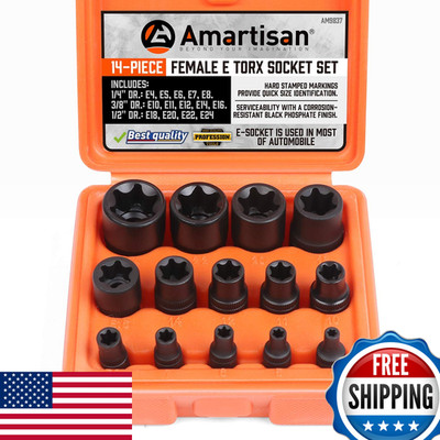 Amartisan 14 Pc Female E-Torx Star Socket Set/Rail 1/4 3/8 1/2 Drive E24