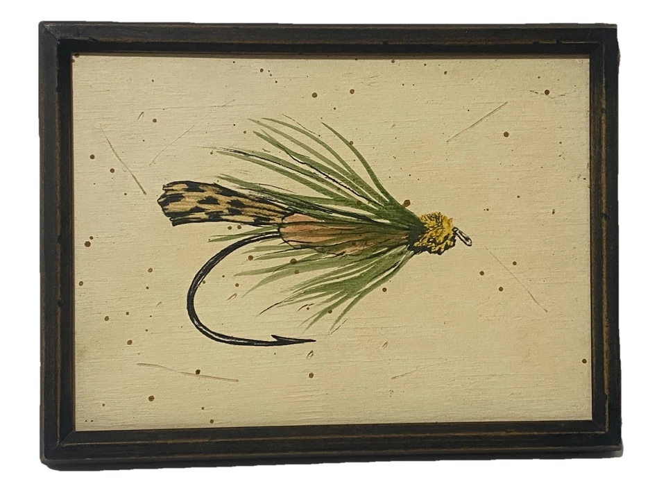 Pintura de madera con mosca enmarcada señuelo con mosca arte coleccionable marco rústico 9x12 Foto 2 de 4