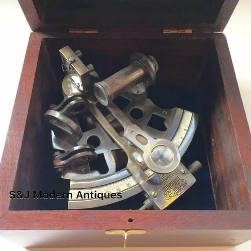 Antica scatola legno vintage nautica marina tascabile ottone sestante navigazione REGALO - Foto 3 di 6