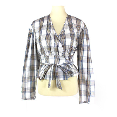 Baum und Pferdgarten Mianne Wrap Top NEW Sash Detail Plaid White Navy 38 S