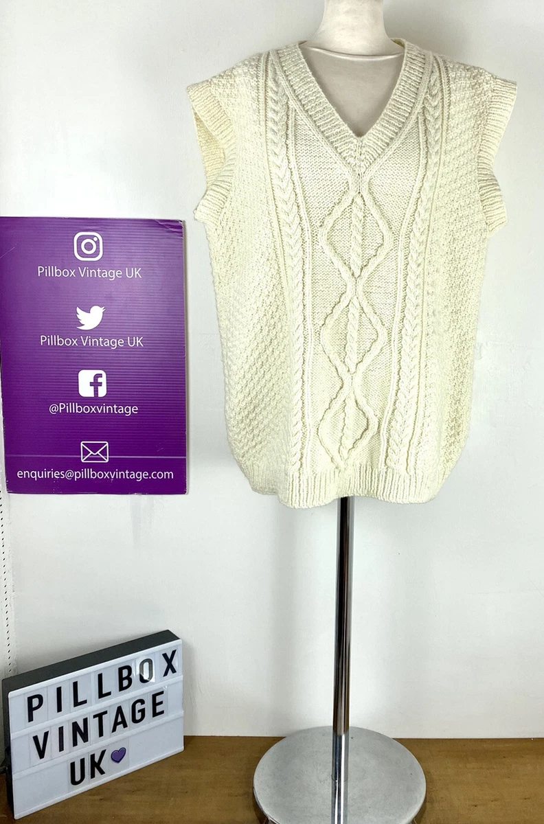Vintage Aran Tank Top Size L 100 Wool Sweater Vest Knitted Chunky