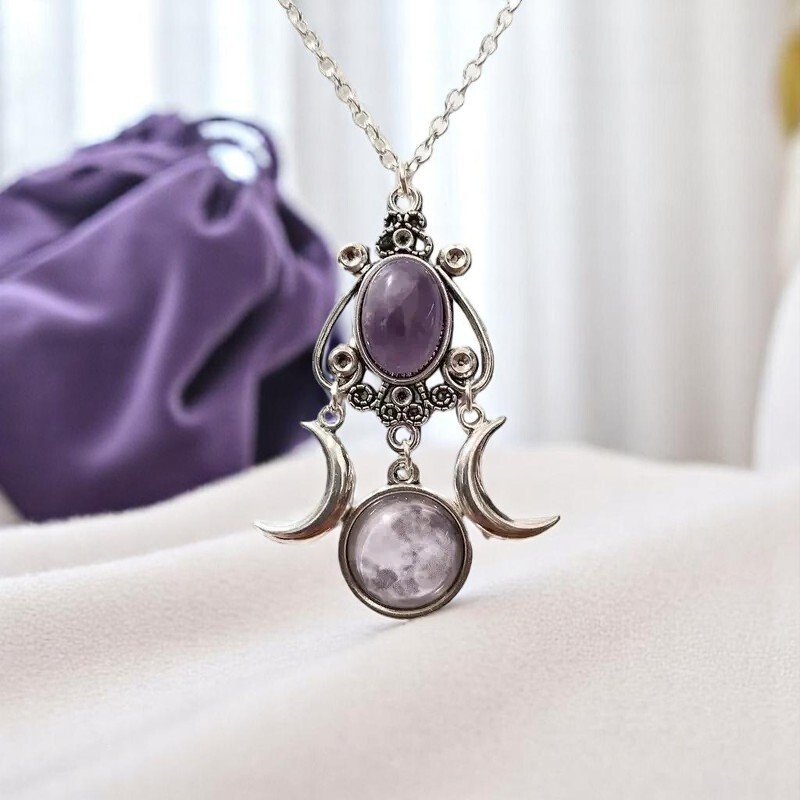 Triple Moon Goddess Necklace Amethyst Crystal Pendant Necklace