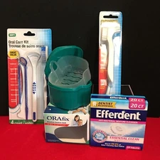 Denture Bath Green Cup Container, Denture Tablets, Kit, Brush Bundle / Retainer
