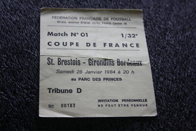 Ticket De Match – Stade Brestois Vs Bordeaux – Coupe De France 1984 – Souvenir