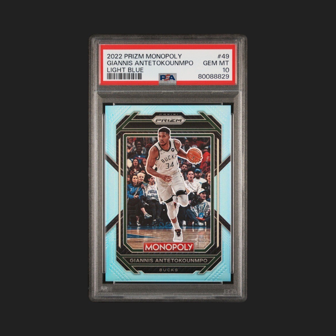 2022 Prizm Monopoly Giannis Antetokounmpo #49 Light Blue Prizm /199 PSA 10 GEM