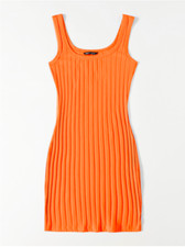 Orange Scoop Neck Rib-knit Bodycon Pencil Casual Summer Dress Sz XS S M L XL