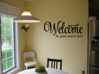 WELCOME SO GLAD YOU'RE HERE VINYL WALL DECAL STICKER DECOR WORDS SIGN LETTERING 