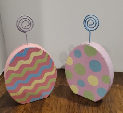 Easter Decor Painted Wood Easter Egg Picture Photo Sign Holder Pastel Glitter 2 