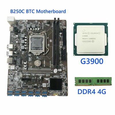 B250C BTC 12x USB3.0 to PCI-E 16X Mining Motherboard G3900 CPU 1151 4G DDR4 Kit