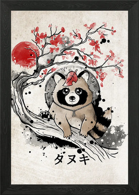 Tanuki red sun art Framed Wall Art Poster Canvas Print Picture