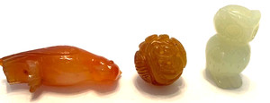 Vtg. Carved Stone Lt. Green Owl, Lt. Brown Bead, Red/Orange Bird Small Figurines