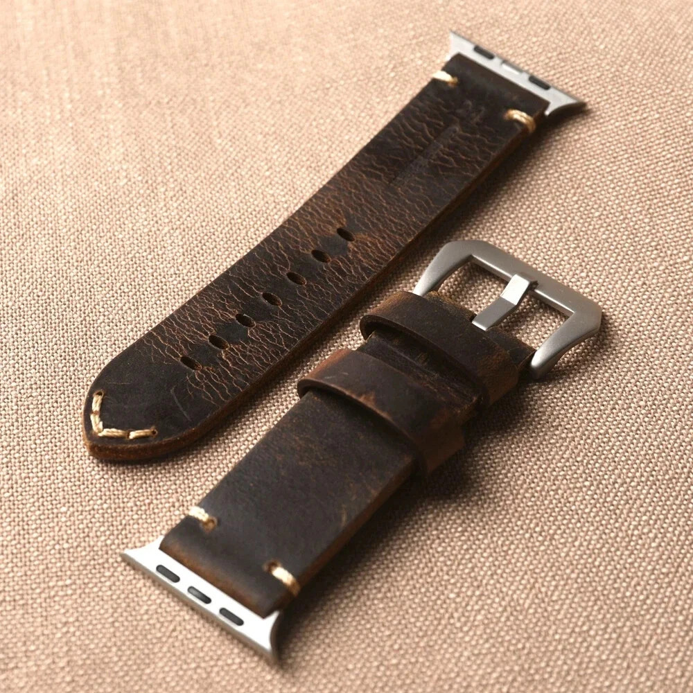 Cowhide Leather Watch Strap For Apple Watch Ultra 4 3 Series 12 11 Vintage Band