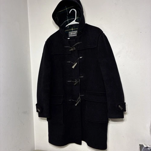 Gloverall Hooded Jacket Coat Dark Navy 100% Wool Plaid Lined Men’s Size L - READ - product listing photo