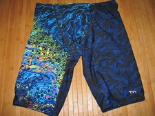 TYR Swimsuit JAMMER Size 32 Polyester Spandex Swim Suit BLACK Blue YELLOW & PINK