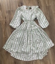 Sister Jane Garland Open Back Midi Dress Green Floral Embroidered Puff Sleeve S