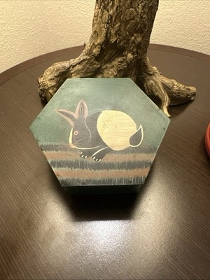 Hexagonal Wooden Painted Green Box with Rabbit Folk Art Style