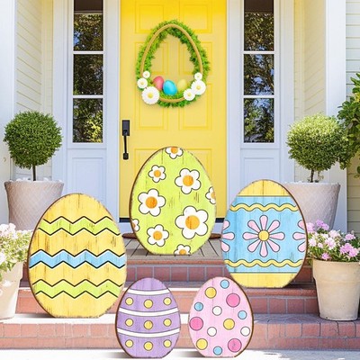 5 Pcs Easter Wooden Porch Sign Large Easter Egg Standing Porch Sign Decoratio...