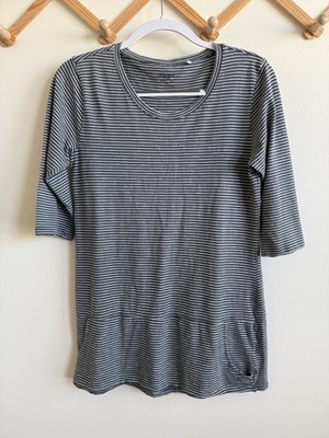 Toad&Co Striped Tunic Top Bluish Grey Organic Cotton Tencel kangaroo Pocket Eco