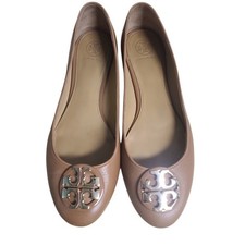 Tory Burch Claire Ballet Flats Camel Pebbled Leather Size 8 GUC Light Sole Wear