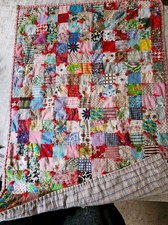 Vtg 60s Patchwork Baby Crib Quilt Blanket Handmade Squares 31" X 44" Cotton Soft
