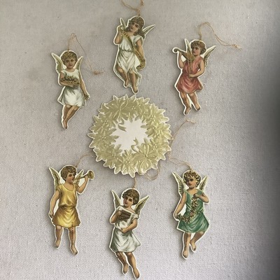 Vintage Shackman 6 Christmas Angel Cherub Ornaments Die Cut 1986 Gold Embossed