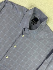 David Donahue Shirt Mens 16.5 34/35 Blue Plaid Trim Fit Dress Long Sleeve