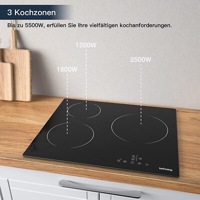 Glaskeramikkochfeld 59cm Elektro Autark rahmenlos Touch 3 Platten 6600W Schwarz