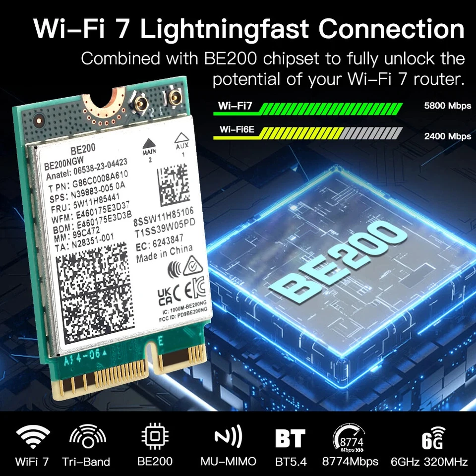 WiFi 7 for Intel BE200 Network Card Bluetooth 5.4 Tri Band 2.4/5/6GHz 8774Mbps - Image 2 of 4