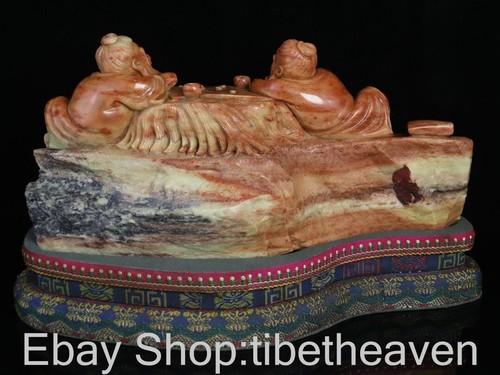 12.8" Old Chinese Shoushan Stone Carving Old People Play Chess Statue - Picture 5 of 9