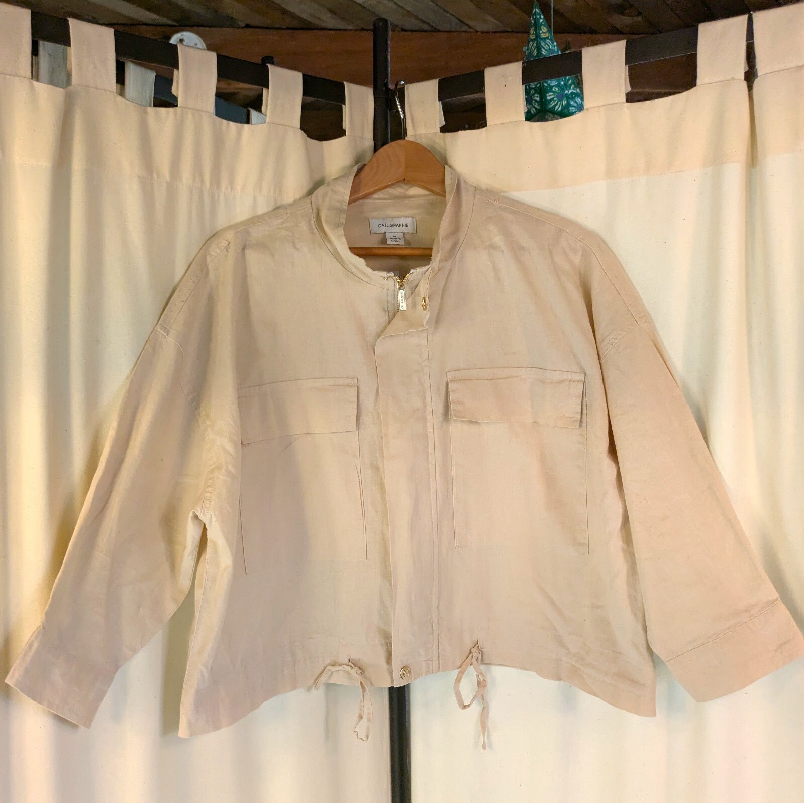 Calligraphie Womens Beige M Cropped Linen Blend Jacket Zip Front Coastal Beachy