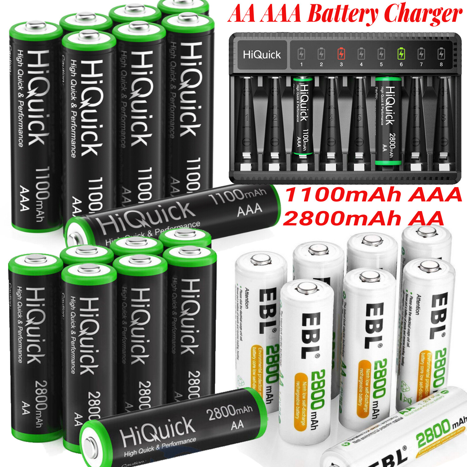 HiQuick AA AAA NiMH Rechargeable Batteries /8 Slots AAA AA Battery Charger Lot-image