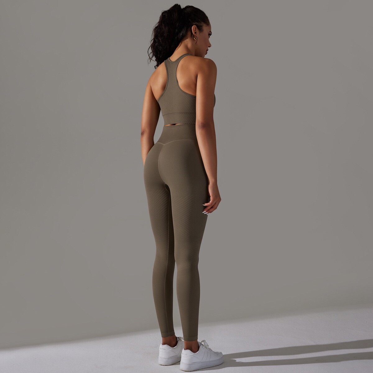 Women's 2-Piece Ribbed Seamless Yoga Set - High Waisted Leggings With Padded Sports Bra In Beige - View #3