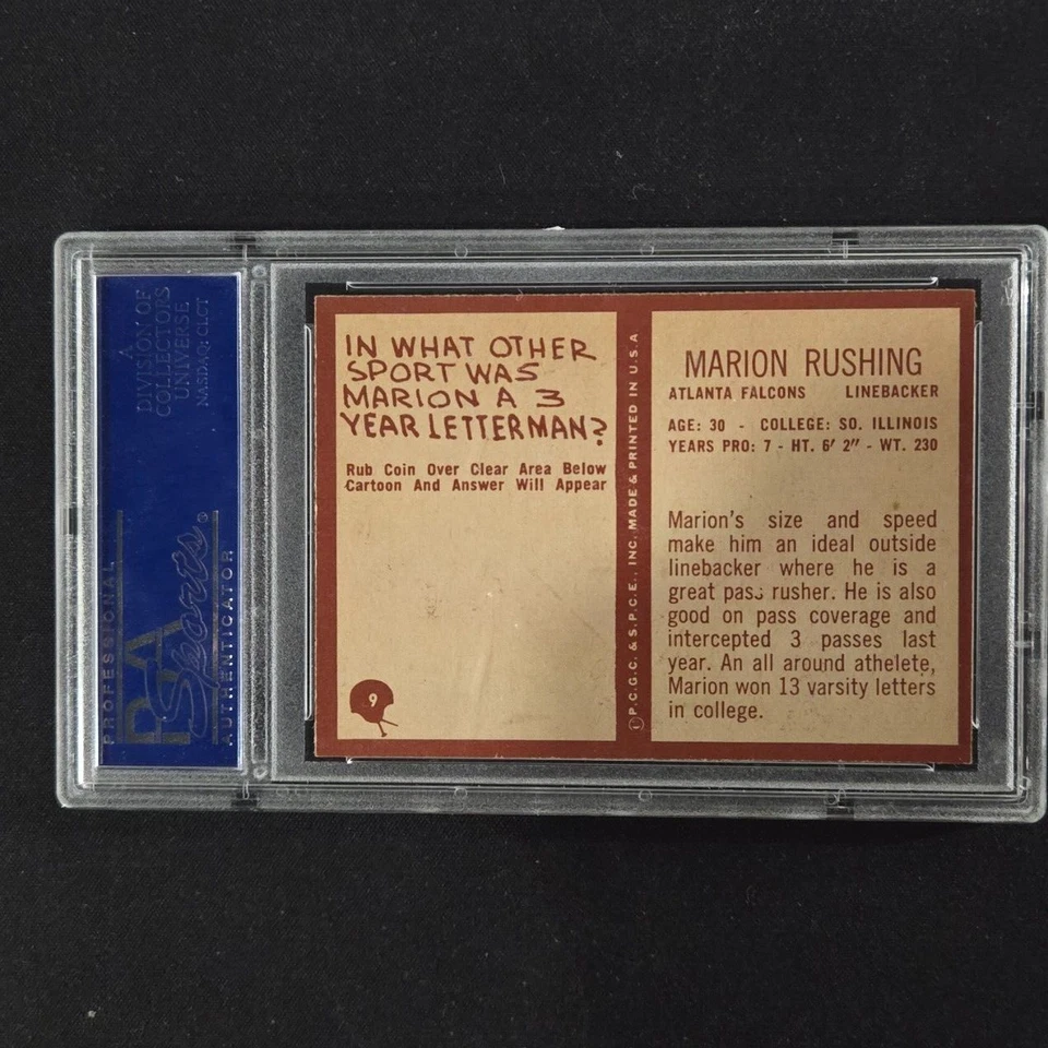 1967 Philadelphia #9 Marion Rushing RC PSA 7 FALCONS - Image 2 of 2
