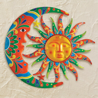 Metal Celestial Sun Moon Wall Art Talavera Garden Sculpture Indoor Outdoor Decor