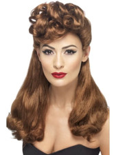 Vintage 40s Brown Wig Ladies Long Fancy Dress Costume Accessory