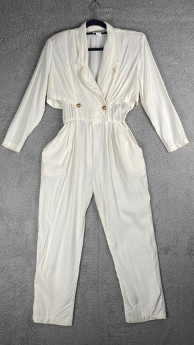 Vintage 80er Michael Blair Damen Größe 7/8 Jumpsuit Creme Langarm Goldknöpfe