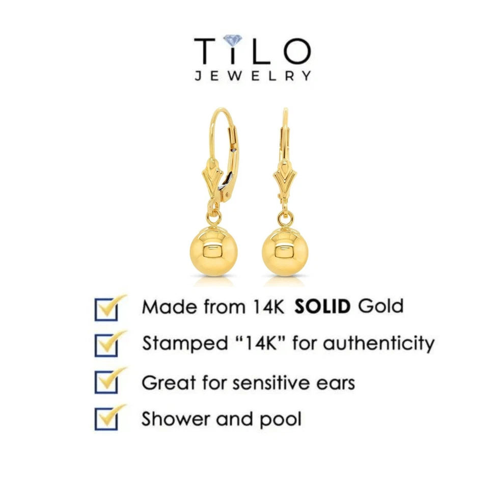 14K Real Solid Yellow Gold Shiny Polished Round Ball Dangle Drop Hoop Earrings - Image 2 of 4