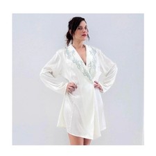 Vintage 90s/Y2K Victorias Secret Robe M/L White Silky Satin Blue Lace Bed Jacket