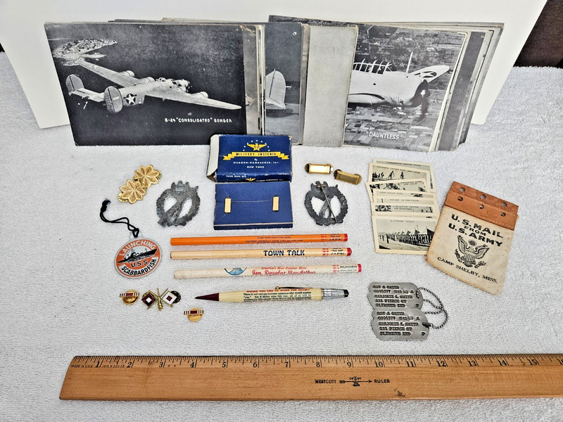 WW2 Era Miscellaneous Lot - Camp Shelby, Insignias, Patriotic Pencils, etc.