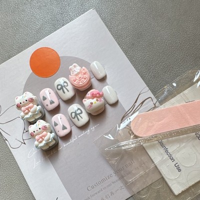 Press-On Nails Short Oval White/Pink/Gray 3D Cat Theme Pre-Designed